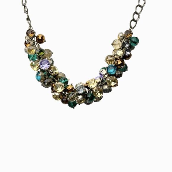 Loft Cha Cha Necklace Faceted Cluster Beads Colorful Layered Silver Tone Chain - Picture 10 of 16